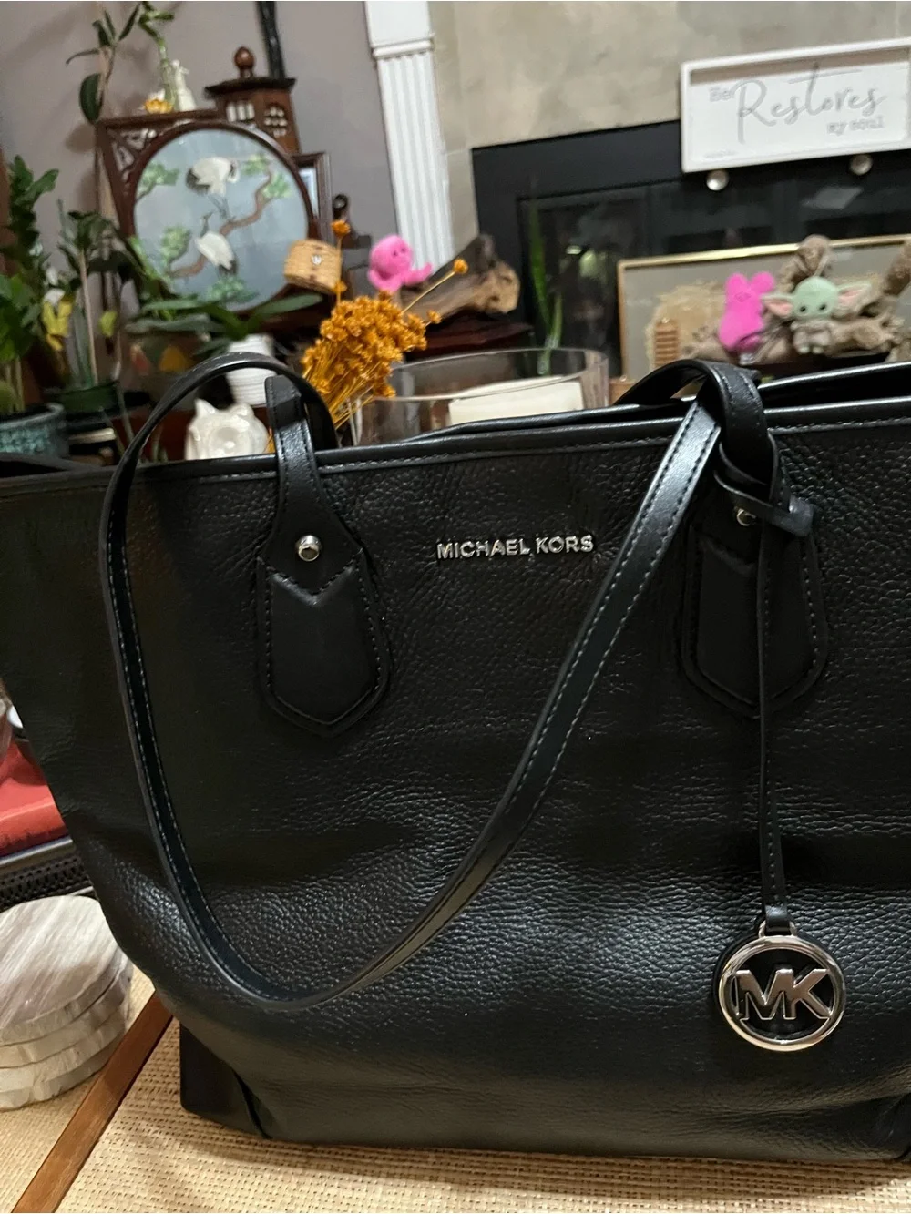 Michael Kors Black Pebbled Leather Large Tote with MK Charm